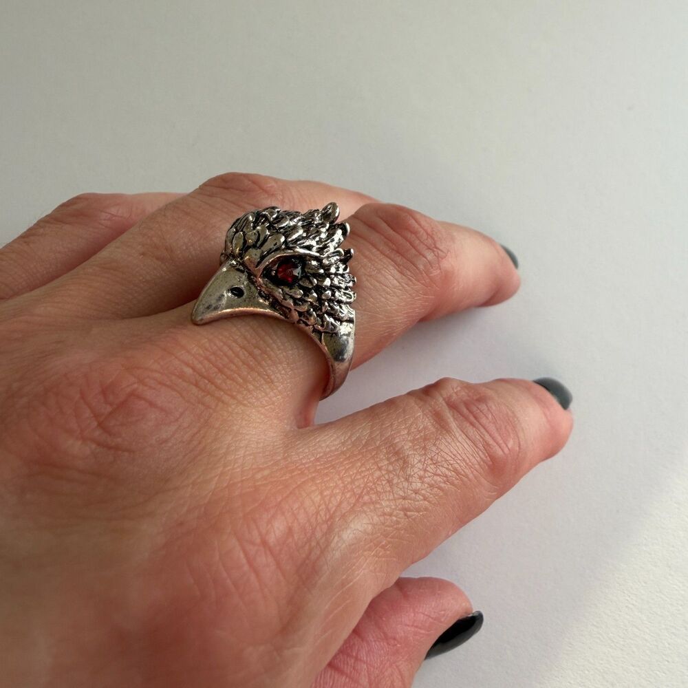 Raven Skull Red Crystal Eye Statement Ring Silver Tone Dark Glam Sz 9